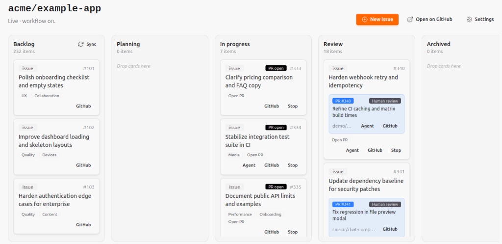 Cursor Automation kanban board with cards moving between columns